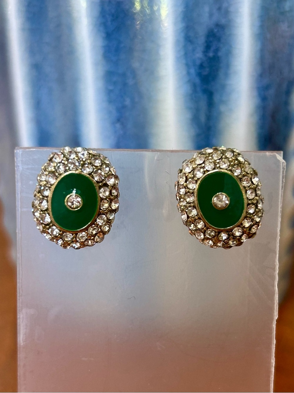 Green Enamel Crystal Halo Oval Stud Earrings
